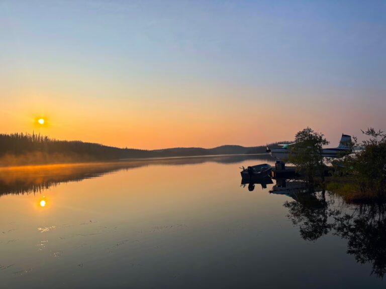 A float plane parked at Cheemo Lodge on the lake.